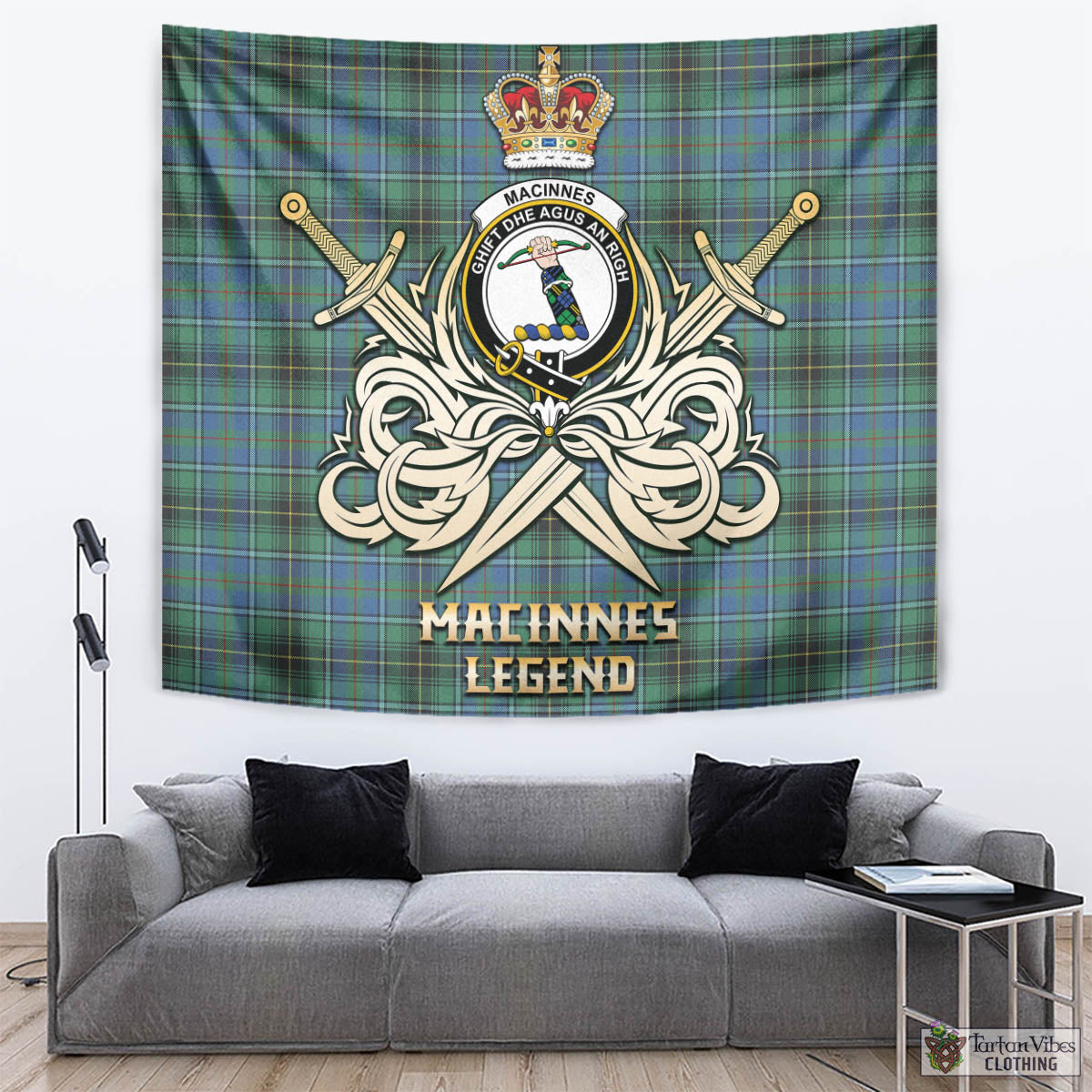 Tartan Vibes Clothing MacInnes Ancient Tartan Tapestry with Clan Crest and the Golden Sword of Courageous Legacy