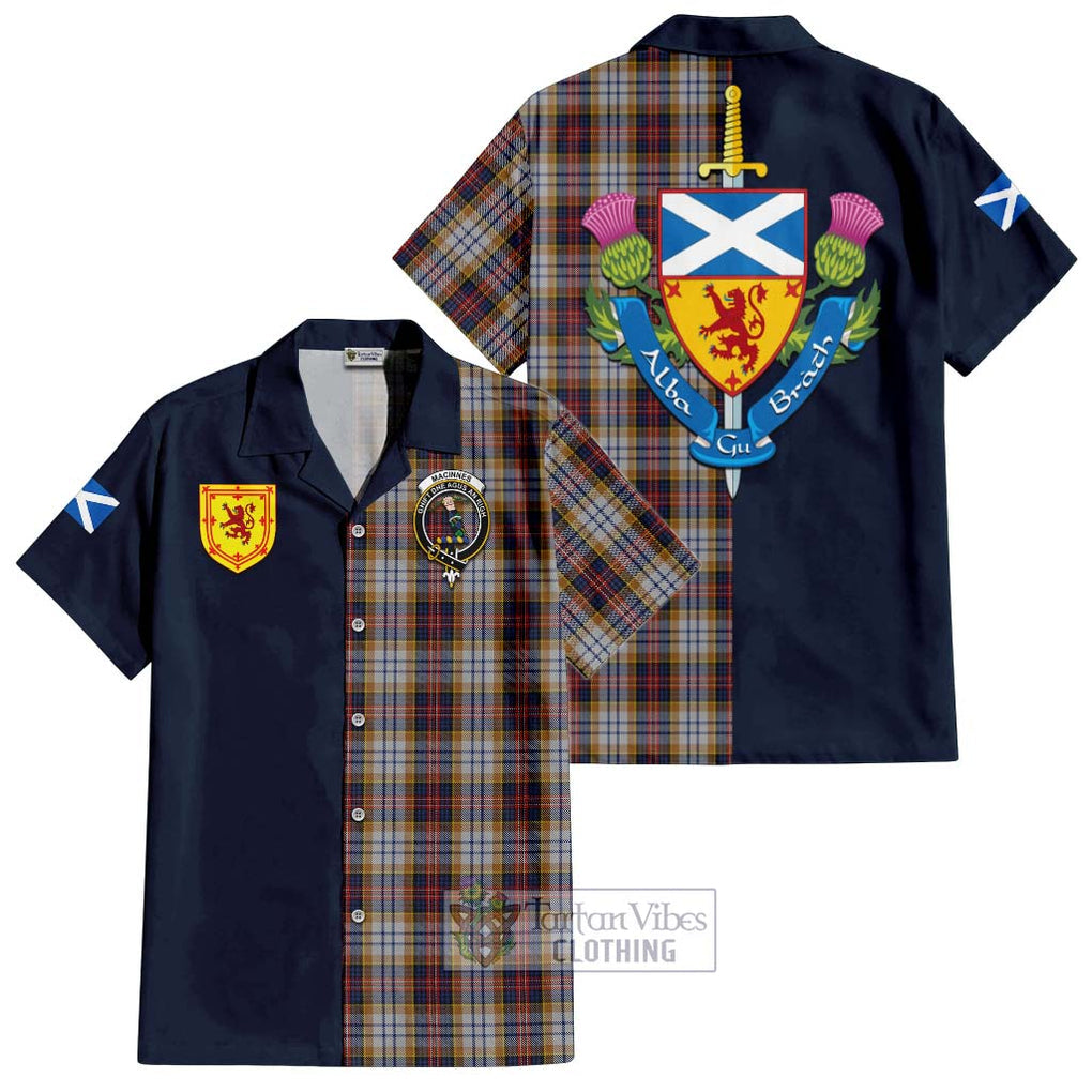 Tartan Vibes Clothing MacInnes Ancient Hunting Tartan Short Sleeve Button Shirt with Scottish Lion Royal Arm Half Style