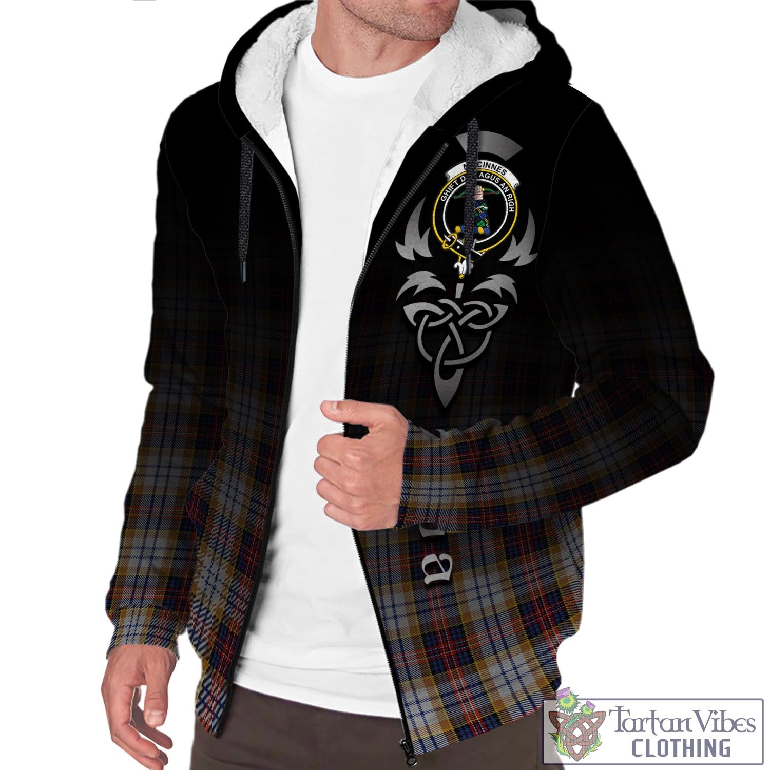 Tartan Vibes Clothing MacInnes Ancient Hunting Tartan Sherpa Hoodie Featuring Alba Gu Brath Family Crest Celtic Inspired