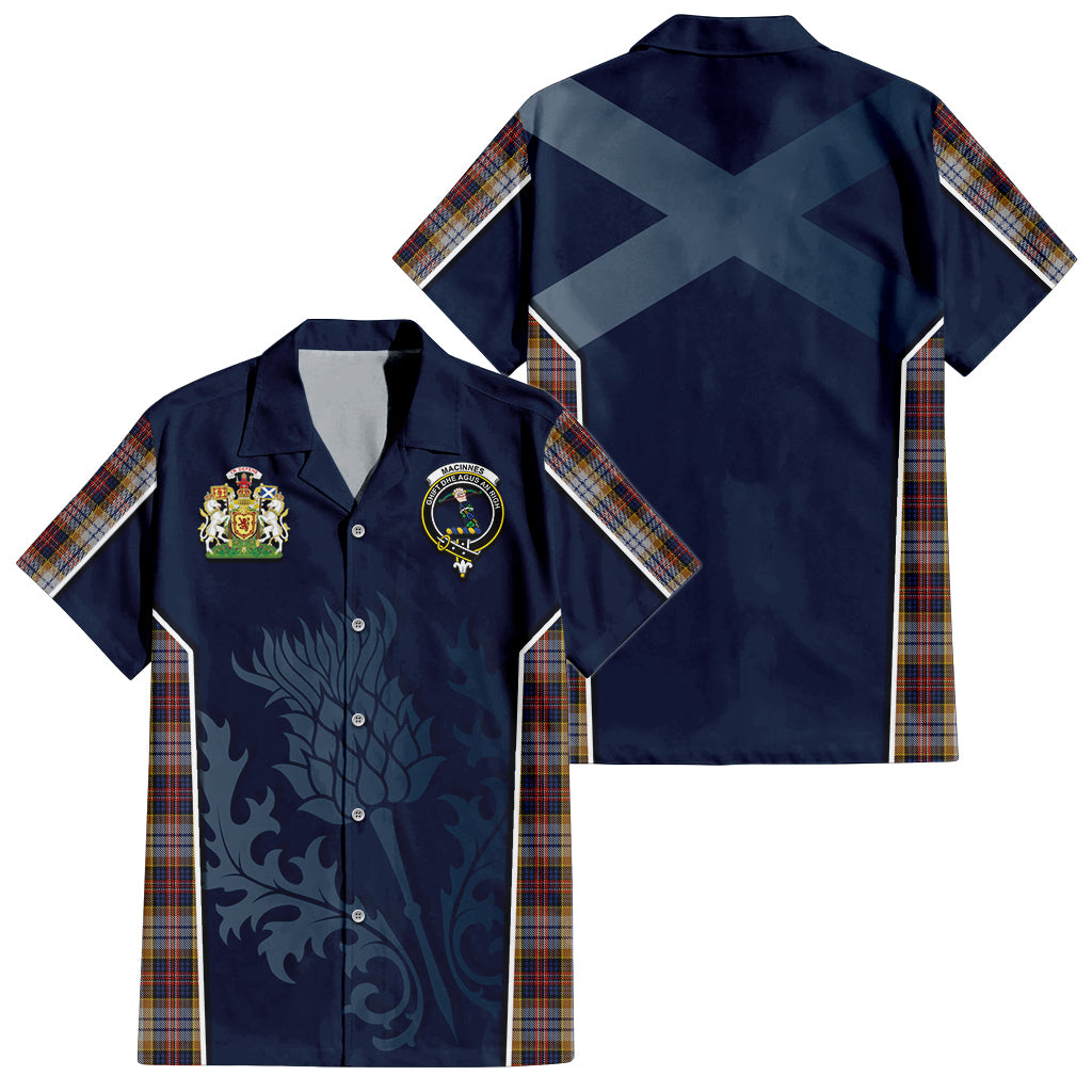 Tartan Vibes Clothing MacInnes Ancient Hunting Tartan Short Sleeve Button Up Shirt with Family Crest and Scottish Thistle Vibes Sport Style