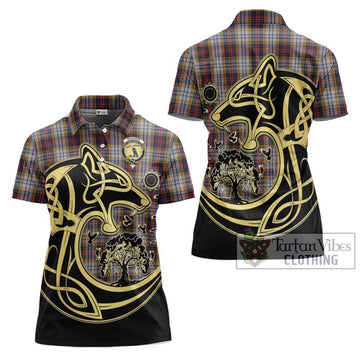 MacInnes Ancient Hunting Tartan Women's Polo Shirt with Family Crest Celtic Wolf Style