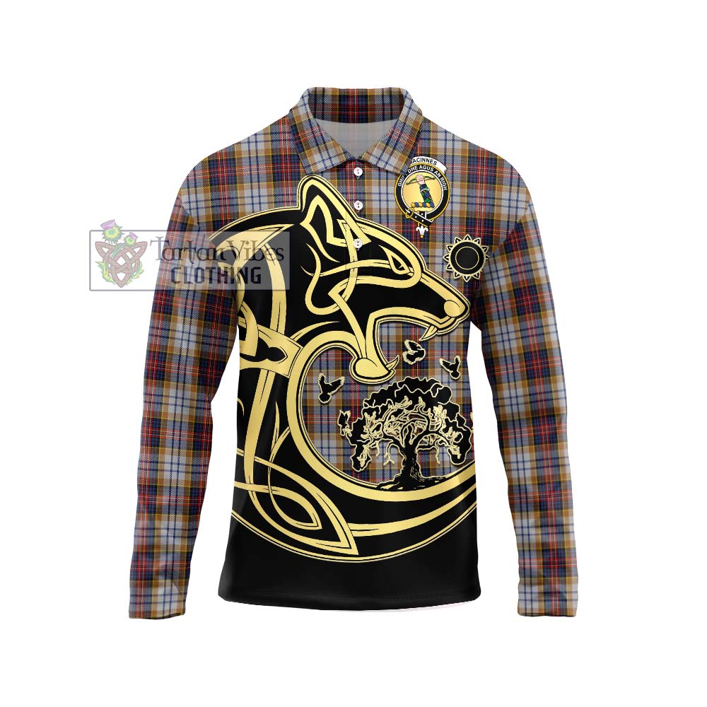 MacInnes Ancient Hunting Tartan Long Sleeve Polo Shirt with Family Crest Celtic Wolf Style Unisex - Tartanvibesclothing Shop