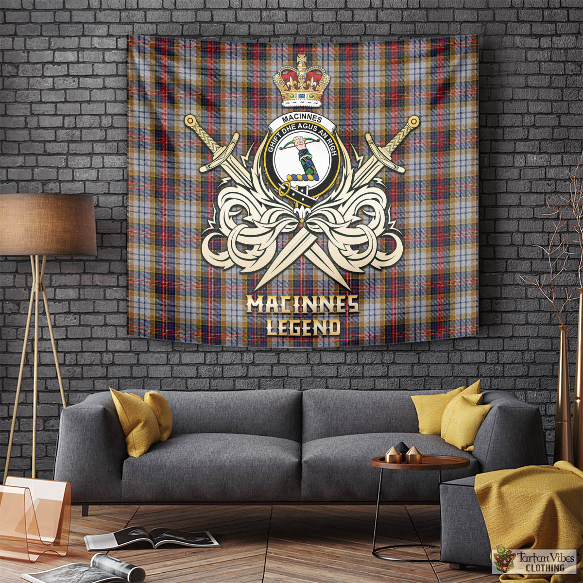 Tartan Vibes Clothing MacInnes Ancient Hunting Tartan Tapestry with Clan Crest and the Golden Sword of Courageous Legacy