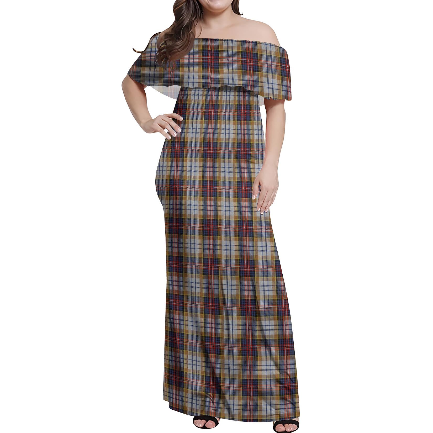 MacInnes Ancient Hunting Tartan Off Shoulder Long Dress Women's Dress - Tartanvibesclothing