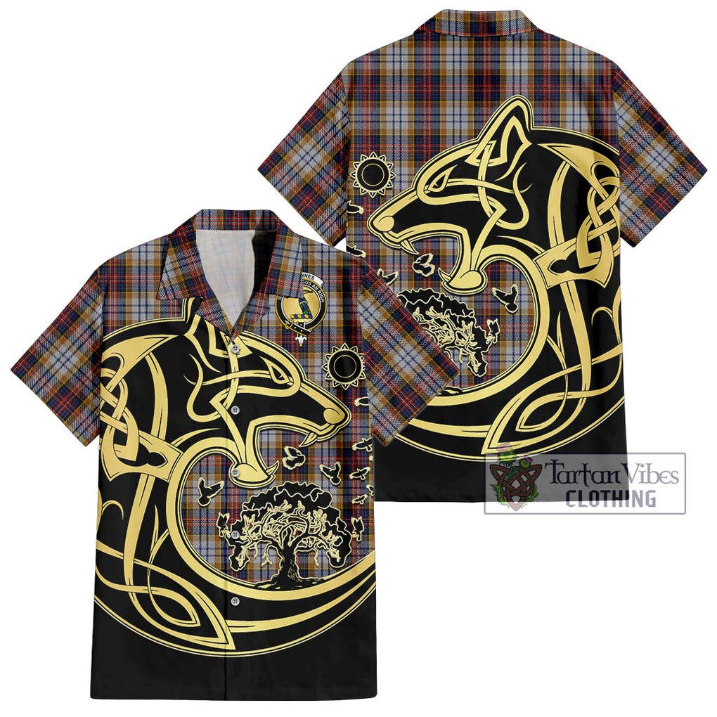 MacInnes Ancient Hunting Tartan Short Sleeve Button Shirt with Family Crest Celtic Wolf Style Kid - Tartan Vibes Clothing