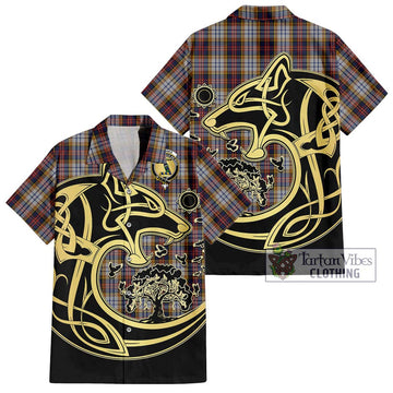 MacInnes Ancient Hunting Tartan Short Sleeve Button Shirt with Family Crest Celtic Wolf Style