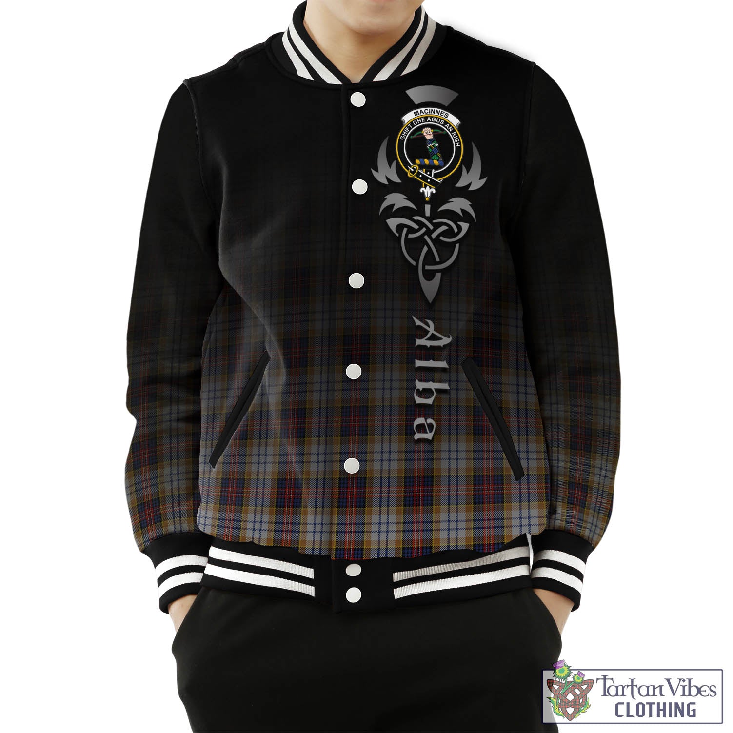 Tartan Vibes Clothing MacInnes Ancient Hunting Tartan Baseball Jacket Featuring Alba Gu Brath Family Crest Celtic Inspired