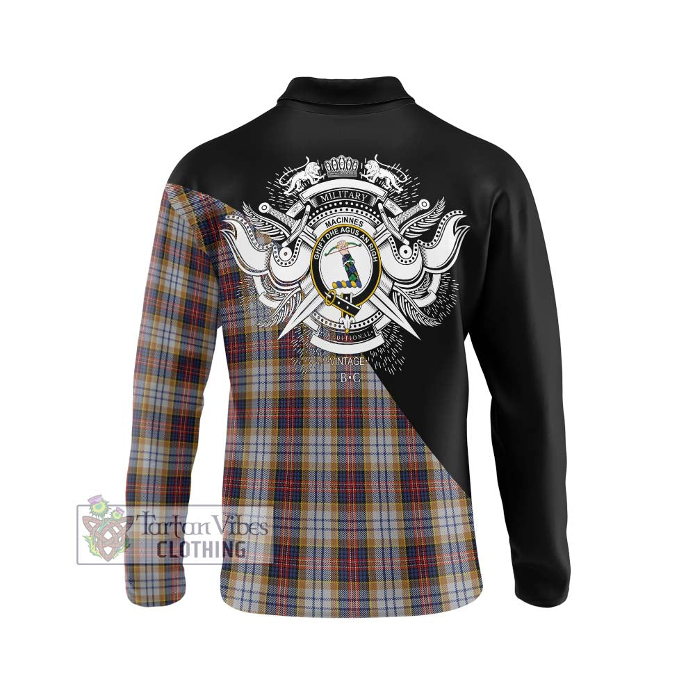 MacInnes Ancient Hunting Tartan Long Sleeve Polo Shirt with Family Crest and Military Logo Style - Tartanvibesclothing Shop