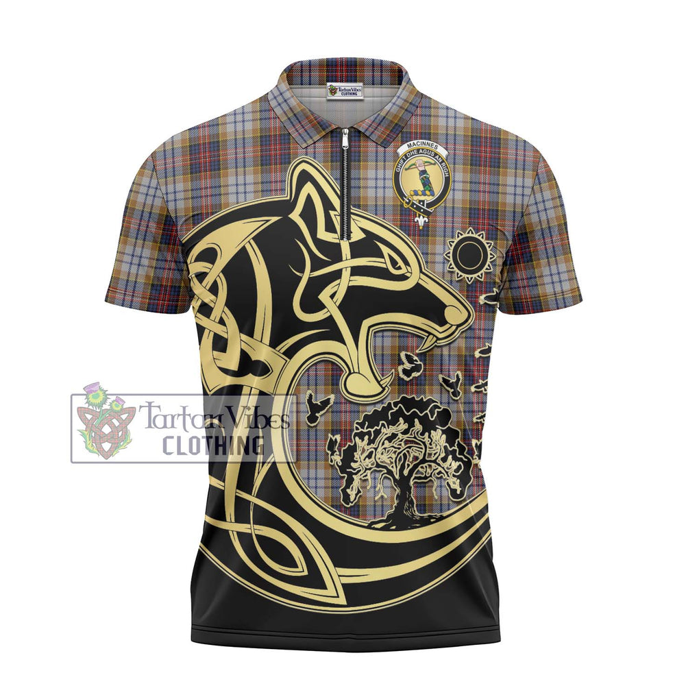 MacInnes Ancient Hunting Tartan Zipper Polo Shirt with Family Crest Celtic Wolf Style - Tartanvibesclothing Shop