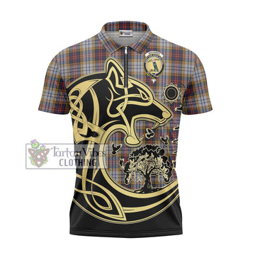 MacInnes Ancient Hunting Tartan Zipper Polo Shirt with Family Crest Celtic Wolf Style