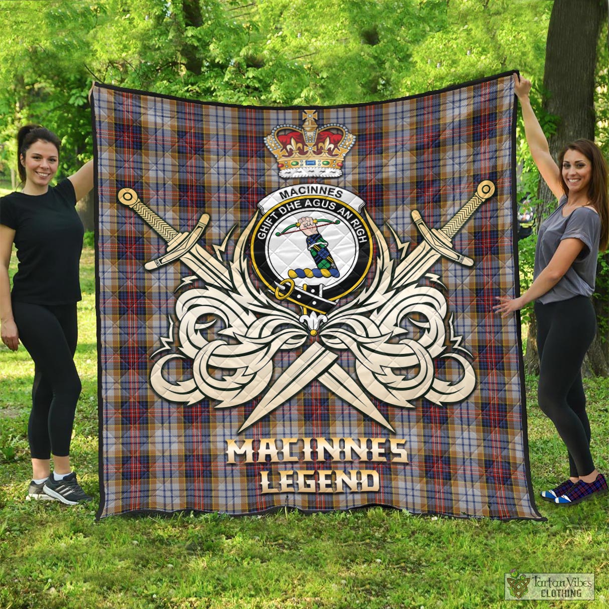 Tartan Vibes Clothing MacInnes Ancient Hunting Tartan Quilt with Clan Crest and the Golden Sword of Courageous Legacy