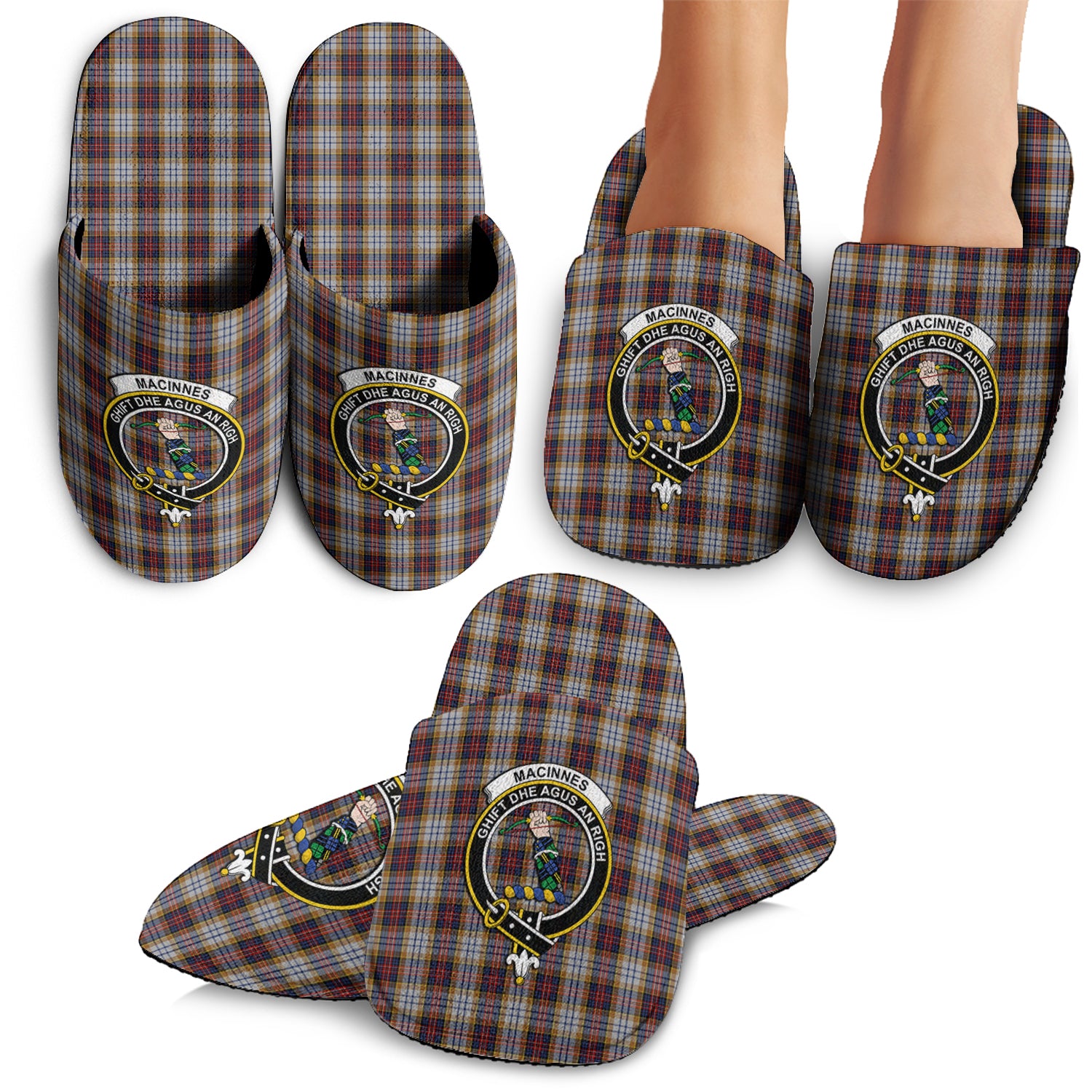 MacInnes Ancient Hunting Tartan Home Slippers with Family Crest - Tartanvibesclothing