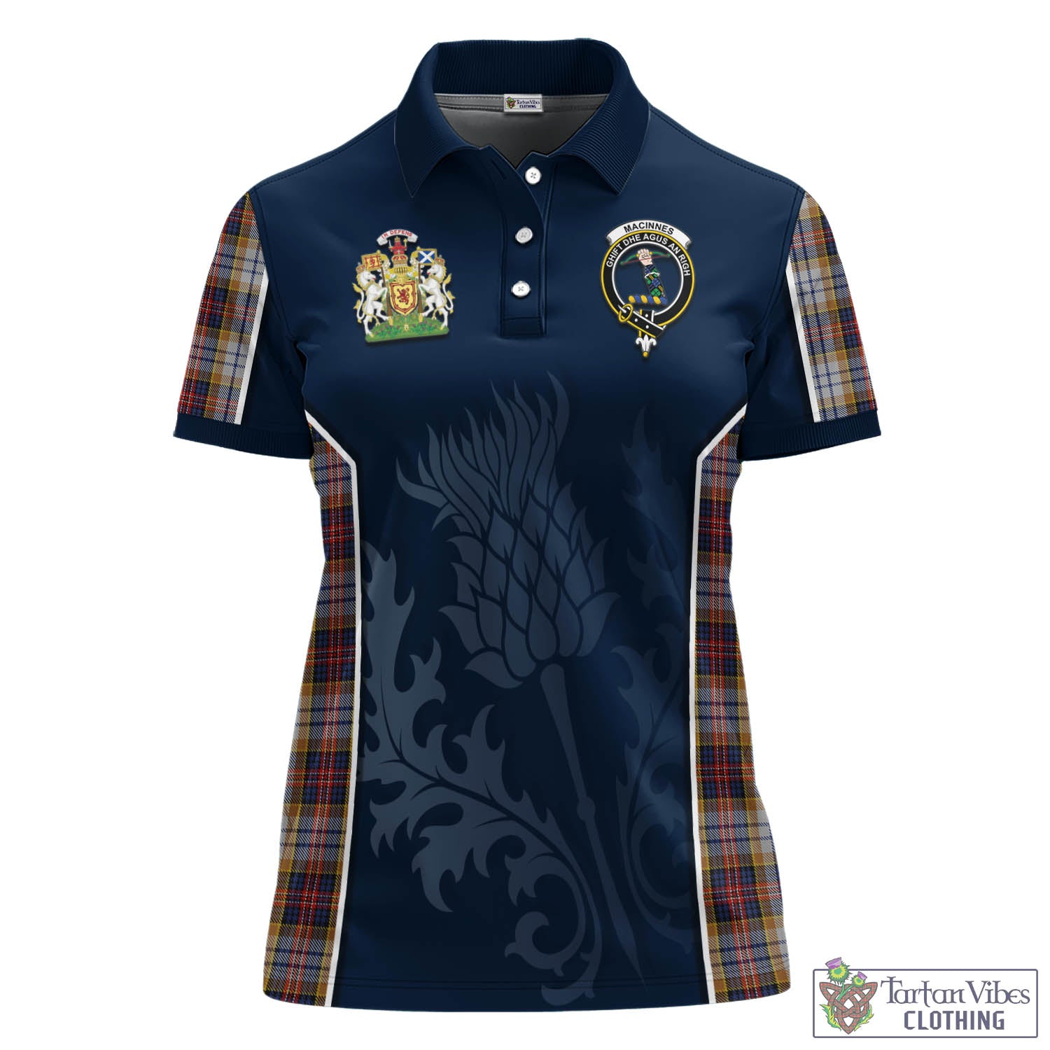 Tartan Vibes Clothing MacInnes Ancient Hunting Tartan Women's Polo Shirt with Family Crest and Scottish Thistle Vibes Sport Style