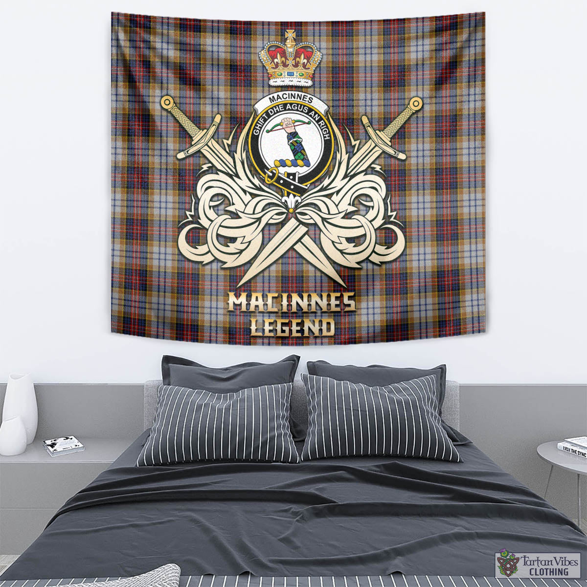 Tartan Vibes Clothing MacInnes Ancient Hunting Tartan Tapestry with Clan Crest and the Golden Sword of Courageous Legacy