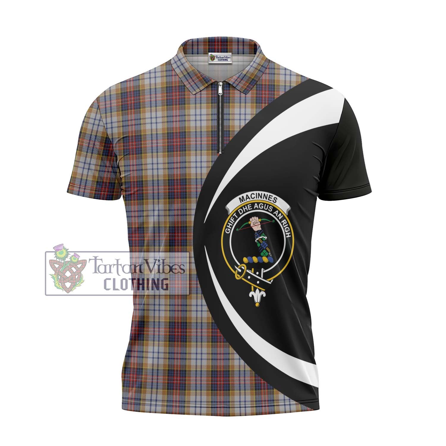 Tartan Vibes Clothing MacInnes Ancient Hunting Tartan Zipper Polo Shirt with Family Crest Circle Style