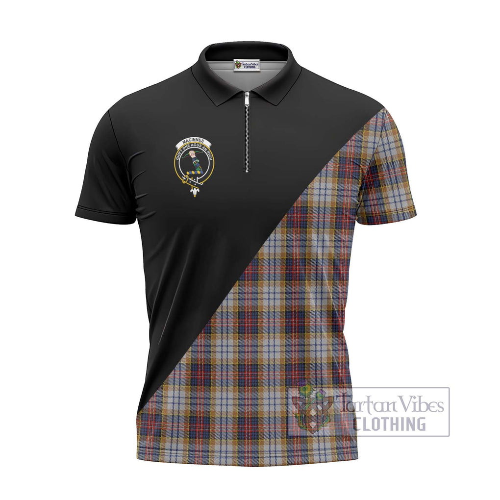 MacInnes Ancient Hunting Tartan Zipper Polo Shirt with Family Crest and Military Logo Style - Tartanvibesclothing Shop