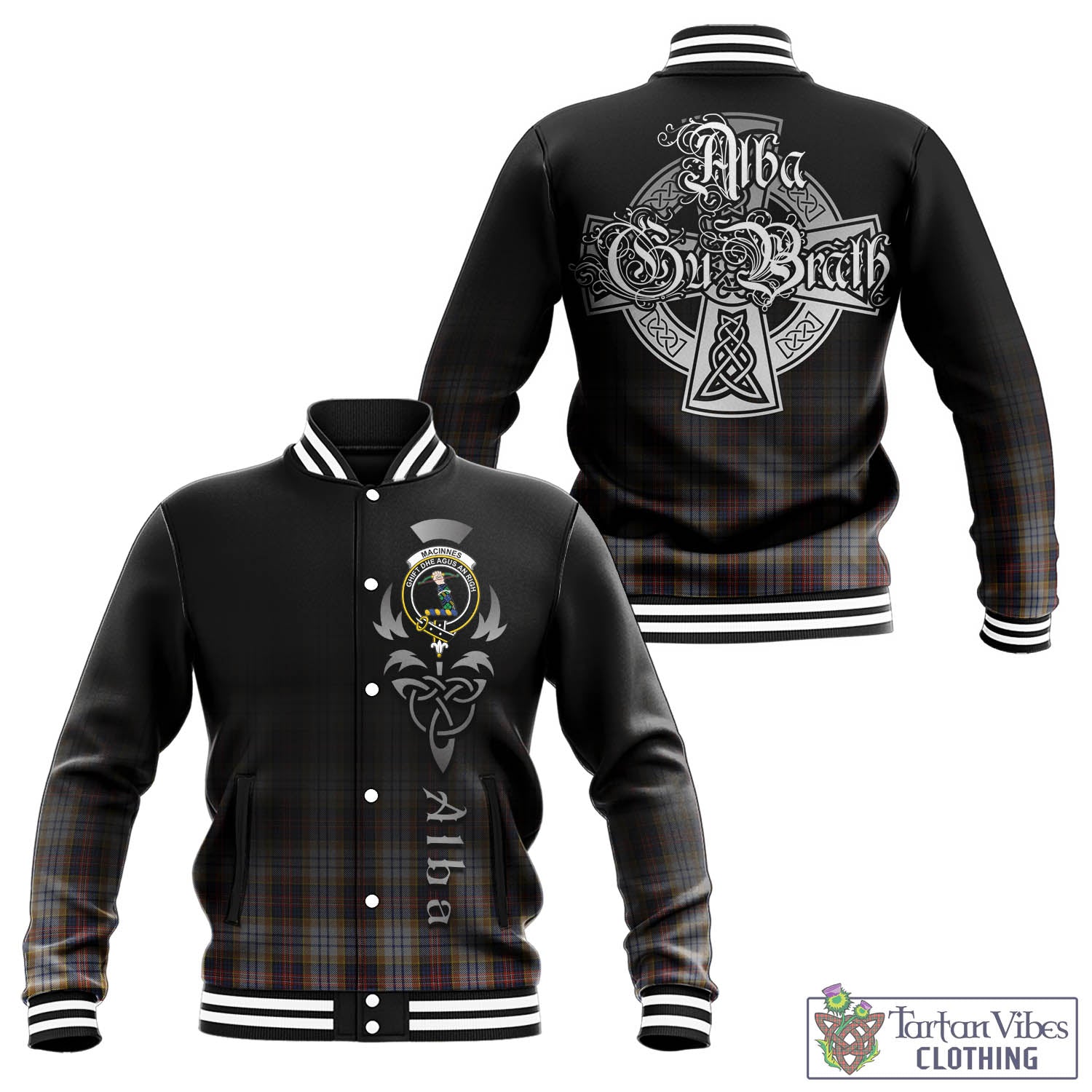 Tartan Vibes Clothing MacInnes Ancient Hunting Tartan Baseball Jacket Featuring Alba Gu Brath Family Crest Celtic Inspired