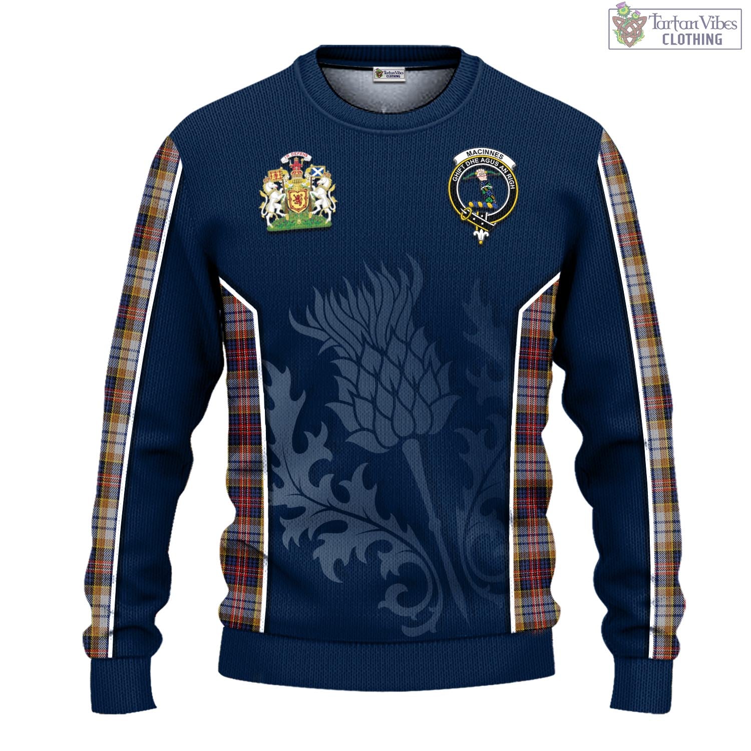 Tartan Vibes Clothing MacInnes Ancient Hunting Tartan Knitted Sweatshirt with Family Crest and Scottish Thistle Vibes Sport Style