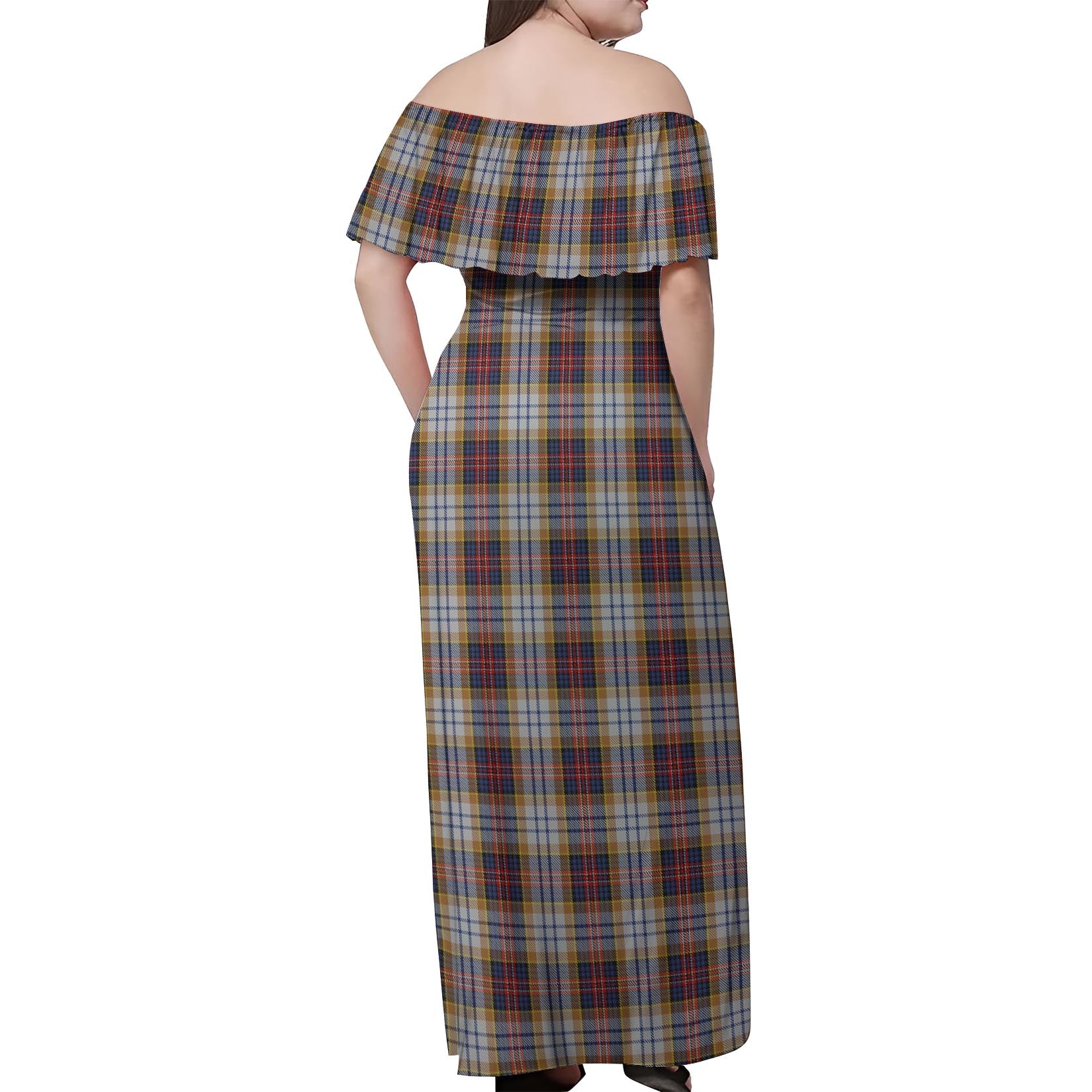 MacInnes Ancient Hunting Tartan Off Shoulder Long Dress - Tartanvibesclothing