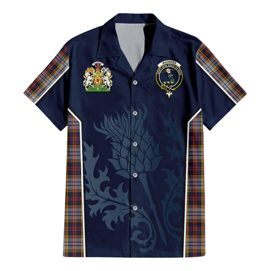 Tartan Vibes Clothing MacInnes Ancient Hunting Tartan Short Sleeve Button Up Shirt with Family Crest and Scottish Thistle Vibes Sport Style