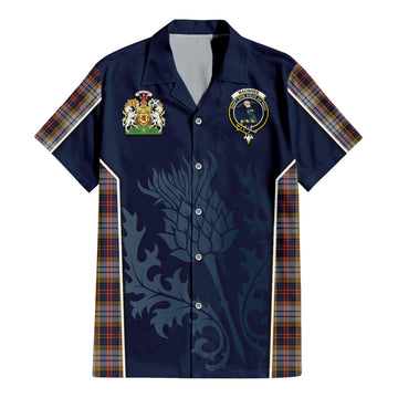 MacInnes Ancient Hunting Tartan Short Sleeve Button Up Shirt with Family Crest and Scottish Thistle Vibes Sport Style