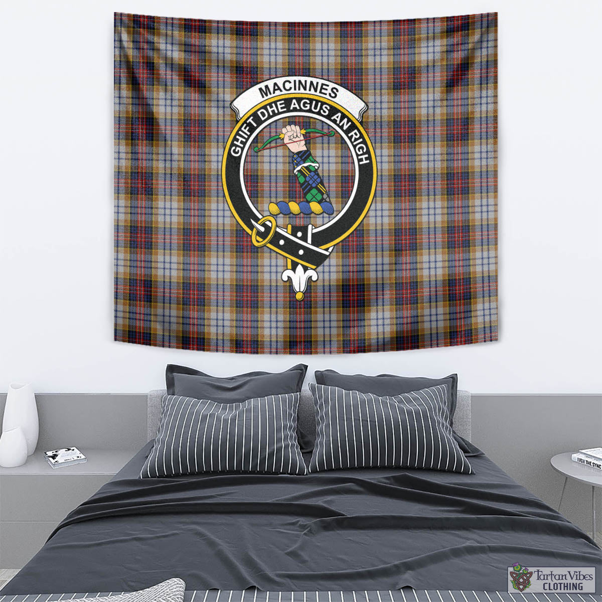 Tartan Vibes Clothing MacInnes Ancient Hunting Tartan Tapestry Wall Hanging and Home Decor for Room with Family Crest