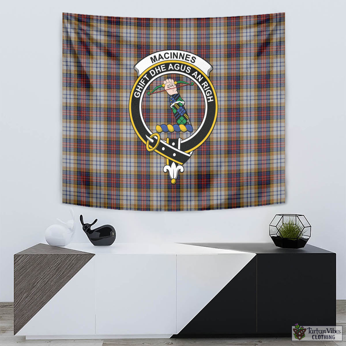 Tartan Vibes Clothing MacInnes Ancient Hunting Tartan Tapestry Wall Hanging and Home Decor for Room with Family Crest