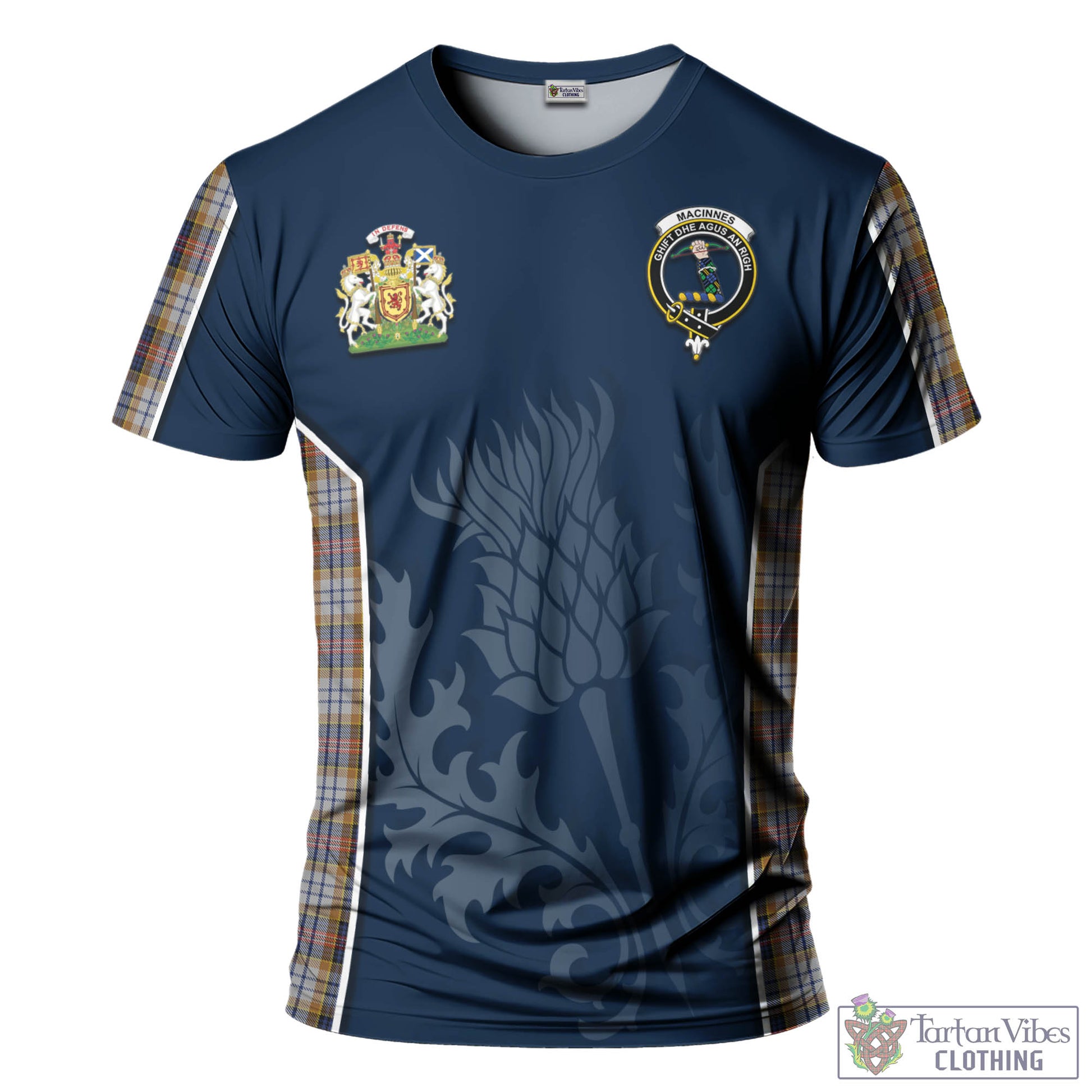 Tartan Vibes Clothing MacInnes Ancient Hunting Tartan T-Shirt with Family Crest and Scottish Thistle Vibes Sport Style