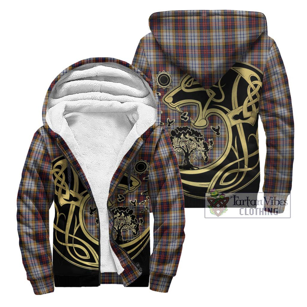 MacInnes Ancient Hunting Tartan Sherpa Hoodie with Family Crest Celtic Wolf Style Unisex - Tartan Vibes Clothing