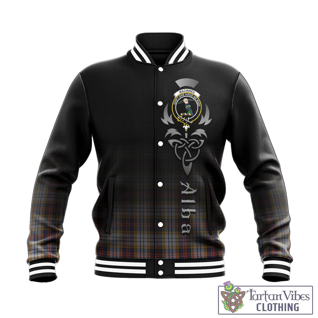 Tartan Vibes Clothing MacInnes Ancient Hunting Tartan Baseball Jacket Featuring Alba Gu Brath Family Crest Celtic Inspired