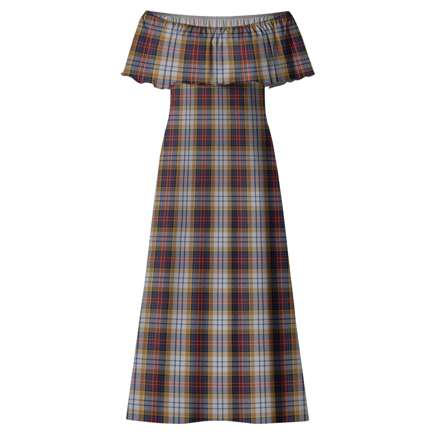 MacInnes Ancient Hunting Tartan Off Shoulder Long Dress - Tartanvibesclothing