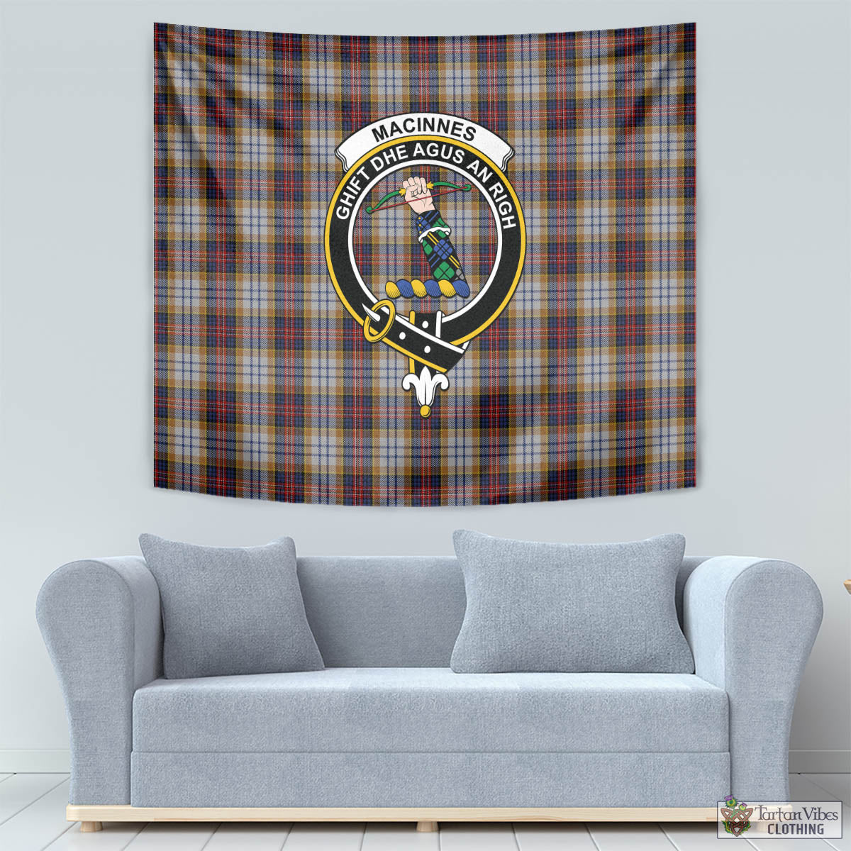 Tartan Vibes Clothing MacInnes Ancient Hunting Tartan Tapestry Wall Hanging and Home Decor for Room with Family Crest