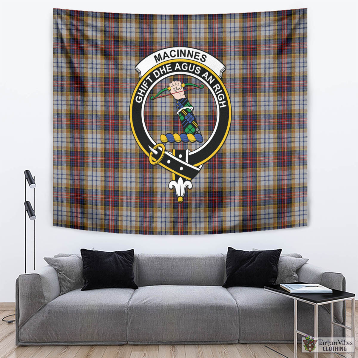 Tartan Vibes Clothing MacInnes Ancient Hunting Tartan Tapestry Wall Hanging and Home Decor for Room with Family Crest