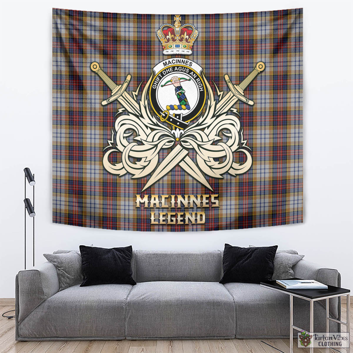 Tartan Vibes Clothing MacInnes Ancient Hunting Tartan Tapestry with Clan Crest and the Golden Sword of Courageous Legacy