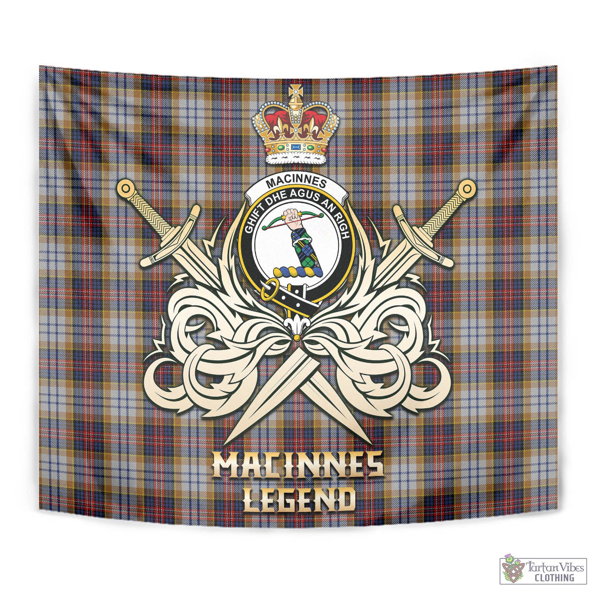 Tartan Vibes Clothing MacInnes Ancient Hunting Tartan Tapestry with Clan Crest and the Golden Sword of Courageous Legacy