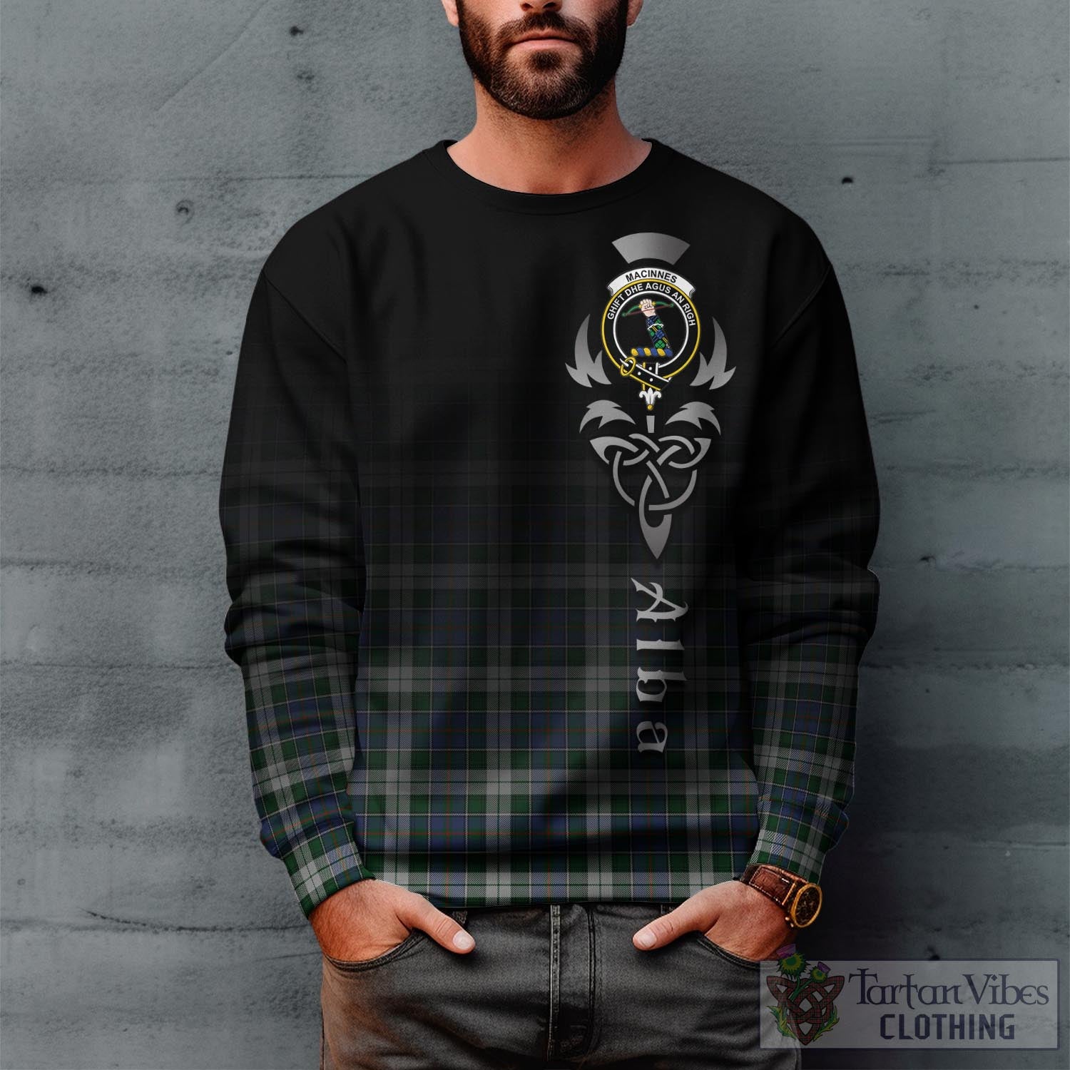 Tartan Vibes Clothing MacInnes Dress Tartan Sweatshirt Featuring Alba Gu Brath Family Crest Celtic Inspired