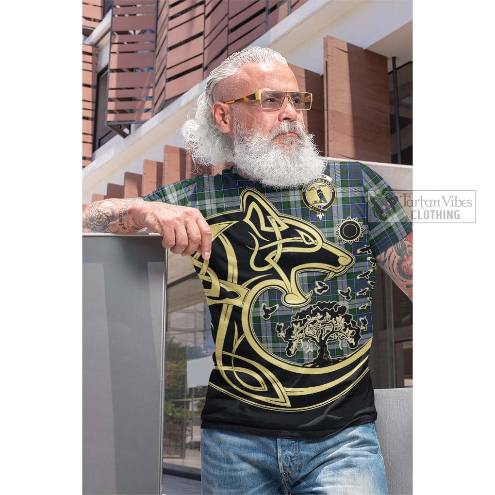 Tartan Vibes Clothing MacInnes Dress Tartan Cotton T-shirt with Family Crest Celtic Wolf Style