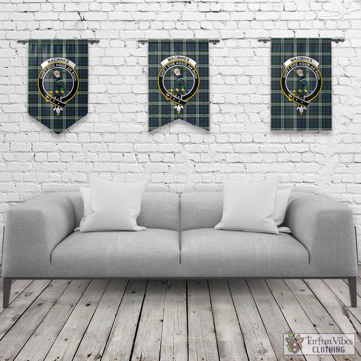 Tartan Vibes Clothing MacInnes Dress Tartan Gonfalon, Tartan Banner with Family Crest