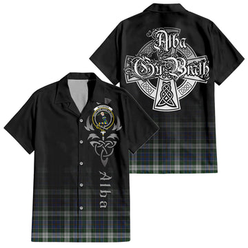 MacInnes Dress Tartan Short Sleeve Button Up Shirt Featuring Alba Gu Brath Family Crest Celtic Inspired