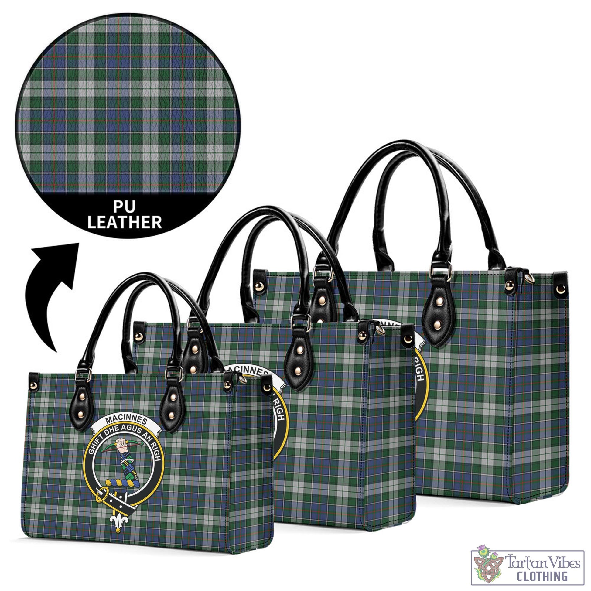 Tartan Vibes Clothing MacInnes Dress Tartan Luxury Leather Handbags with Family Crest