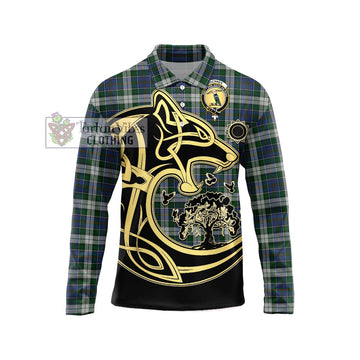 MacInnes Dress Tartan Long Sleeve Polo Shirt with Family Crest Celtic Wolf Style