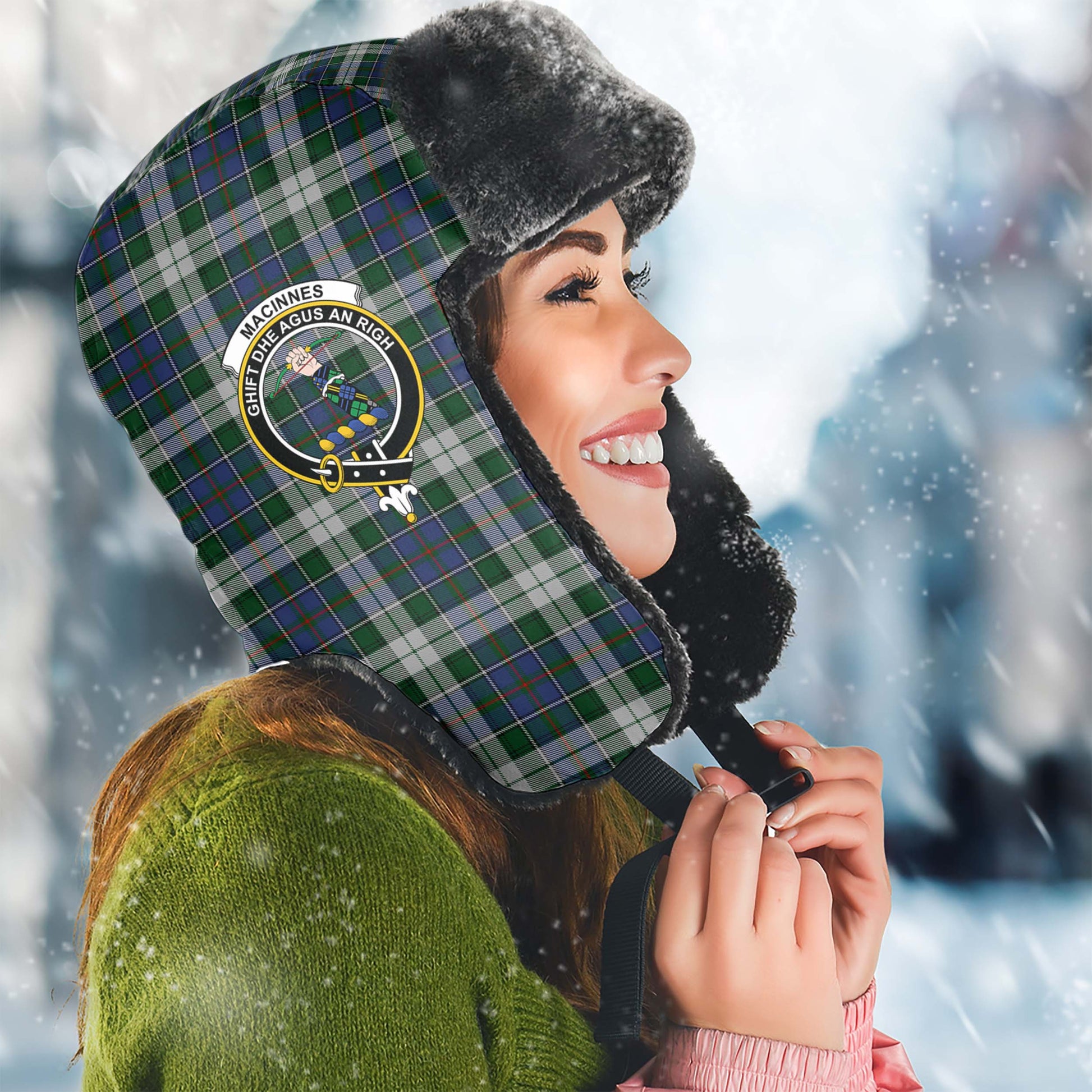 MacInnes Dress Tartan Winter Trapper Hat with Family Crest Winter Trapper Hat Universal Fit Circumference 22.8in (58cm) - Tartanvibesclothing