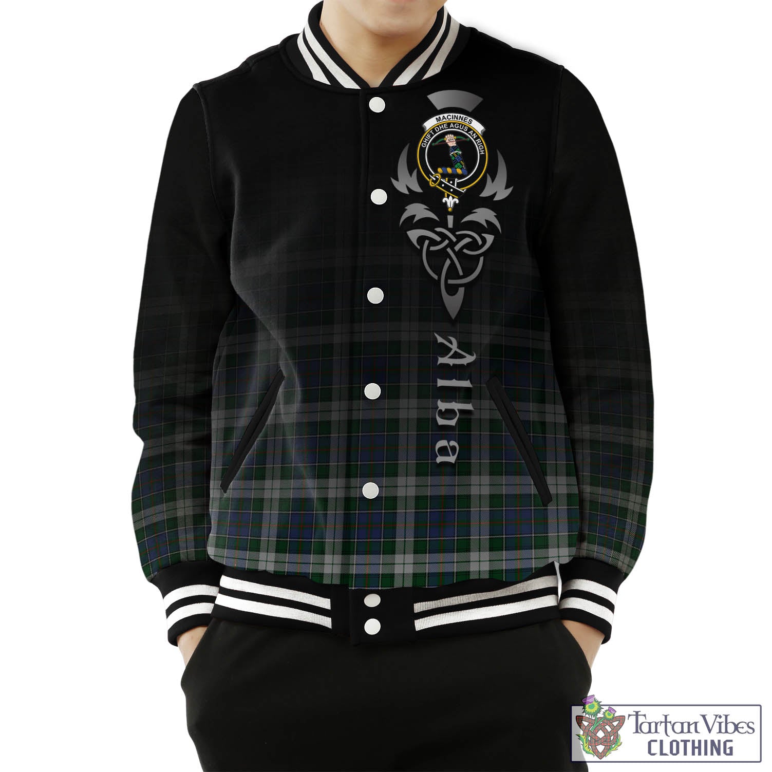 Tartan Vibes Clothing MacInnes Dress Tartan Baseball Jacket Featuring Alba Gu Brath Family Crest Celtic Inspired