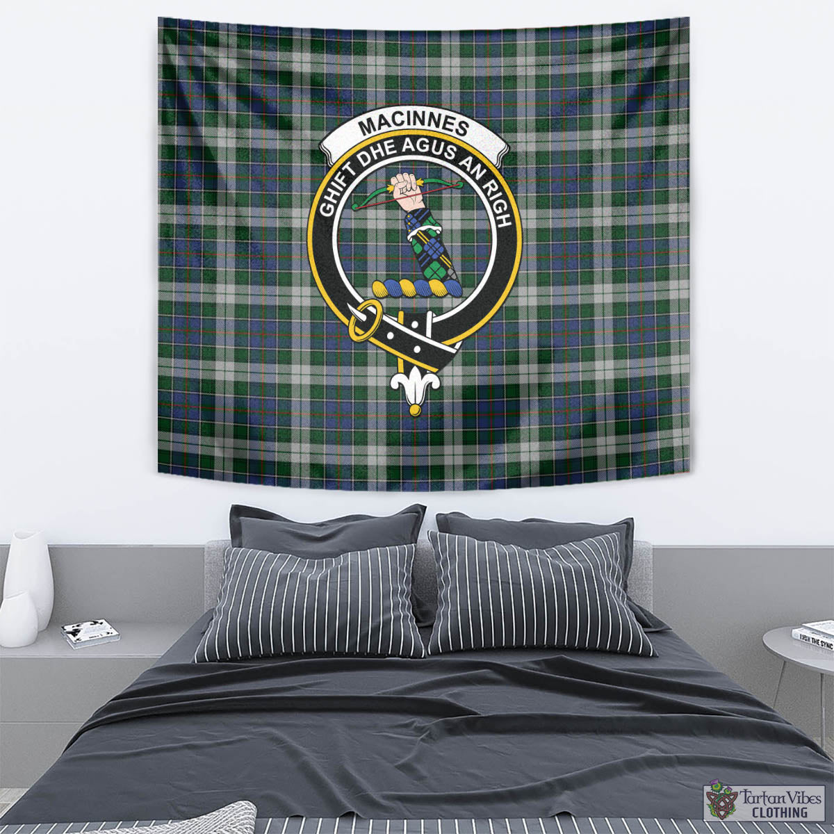 Tartan Vibes Clothing MacInnes Dress Tartan Tapestry Wall Hanging and Home Decor for Room with Family Crest