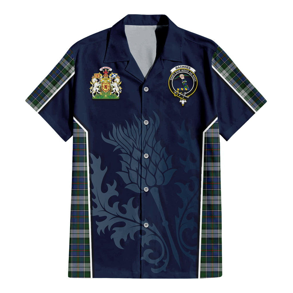 Tartan Vibes Clothing MacInnes Dress Tartan Short Sleeve Button Up Shirt with Family Crest and Scottish Thistle Vibes Sport Style