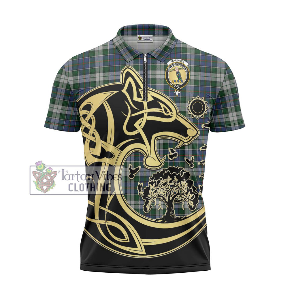 MacInnes Dress Tartan Zipper Polo Shirt with Family Crest Celtic Wolf Style - Tartanvibesclothing Shop