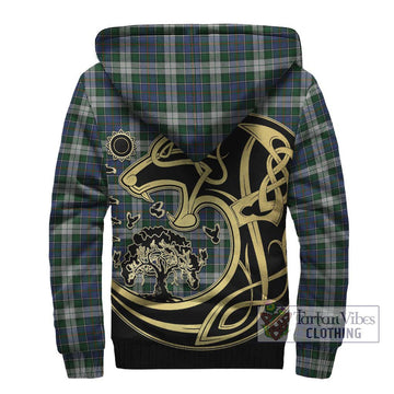 MacInnes Dress Tartan Sherpa Hoodie with Family Crest Celtic Wolf Style