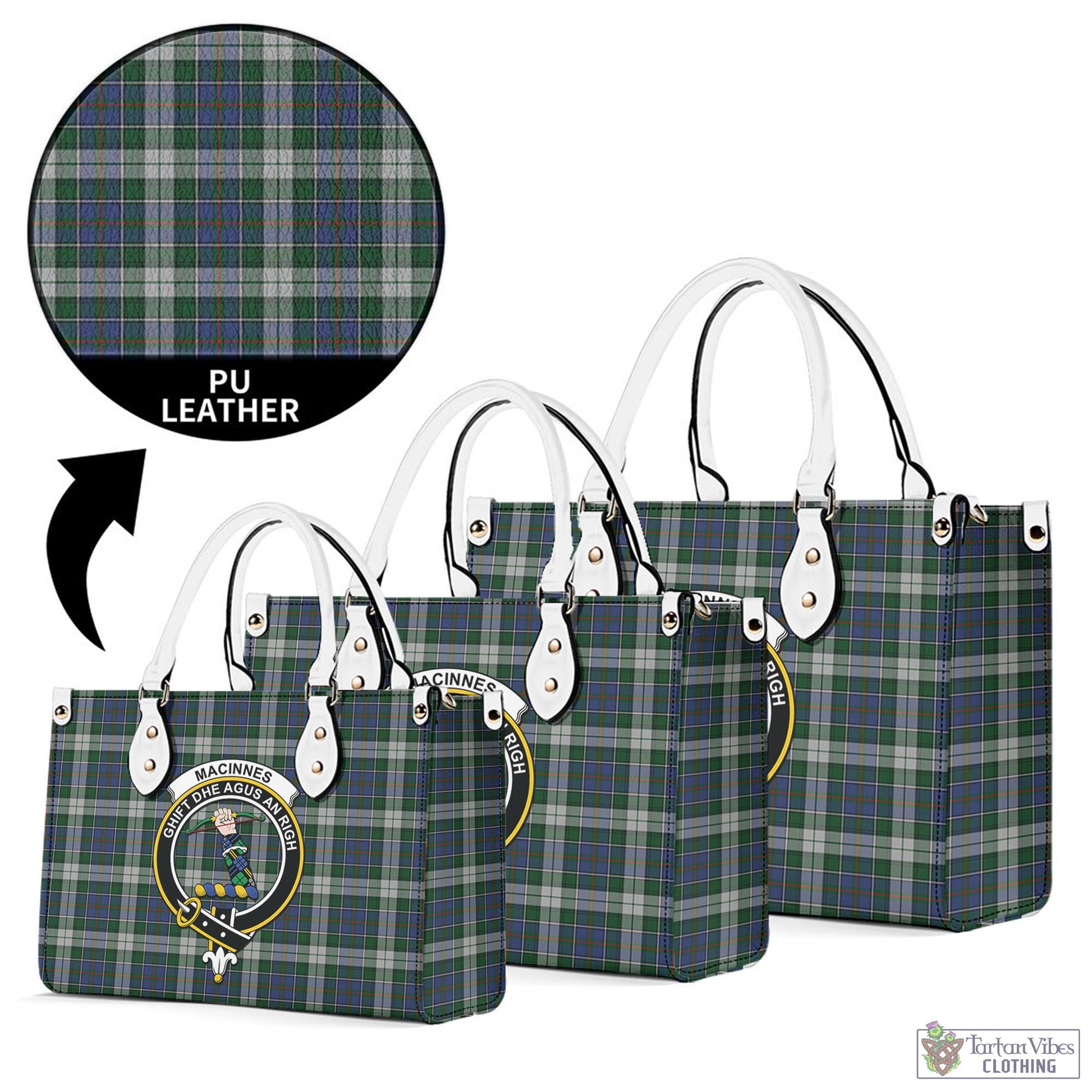 Tartan Vibes Clothing MacInnes Dress Tartan Luxury Leather Handbags with Family Crest