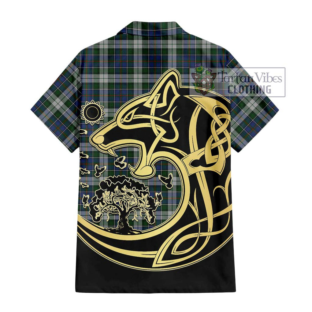 MacInnes Dress Tartan Short Sleeve Button Shirt with Family Crest Celtic Wolf Style - Tartan Vibes Clothing