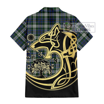 MacInnes Dress Tartan Short Sleeve Button Shirt with Family Crest Celtic Wolf Style